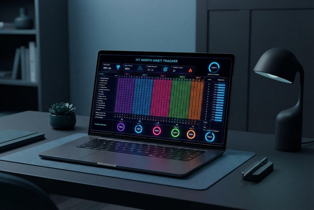 A clean, organized habit tracker dashboard displayed on a laptop screen in a modern, professional home office.