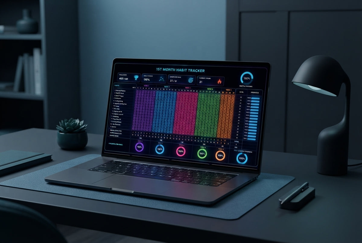 A clean, organized habit tracker dashboard displayed on a laptop screen in a modern, professional home office.
